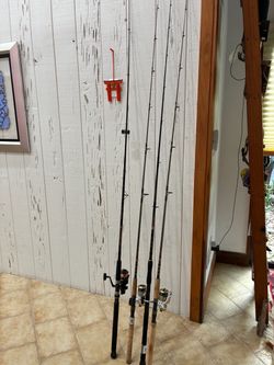 Four fishing rods and three reels