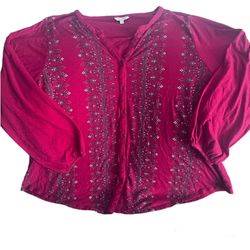 Lucky Brand Womens Sz 2X Button Up Blouse Top Polka Dot Floral 3/4 Sleeve Boho
