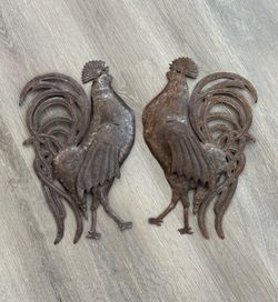 Pair of Vintage Rustic Metal Rooster Wall Plaques