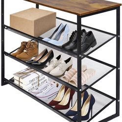  4-Tiers Shoes Rack Tilting Adjustable Freestanding Shoe Rack Large 9 Pairs 25.2 IN Storage Organization Brown Wood Metal For Entryways, Hallways, Clo