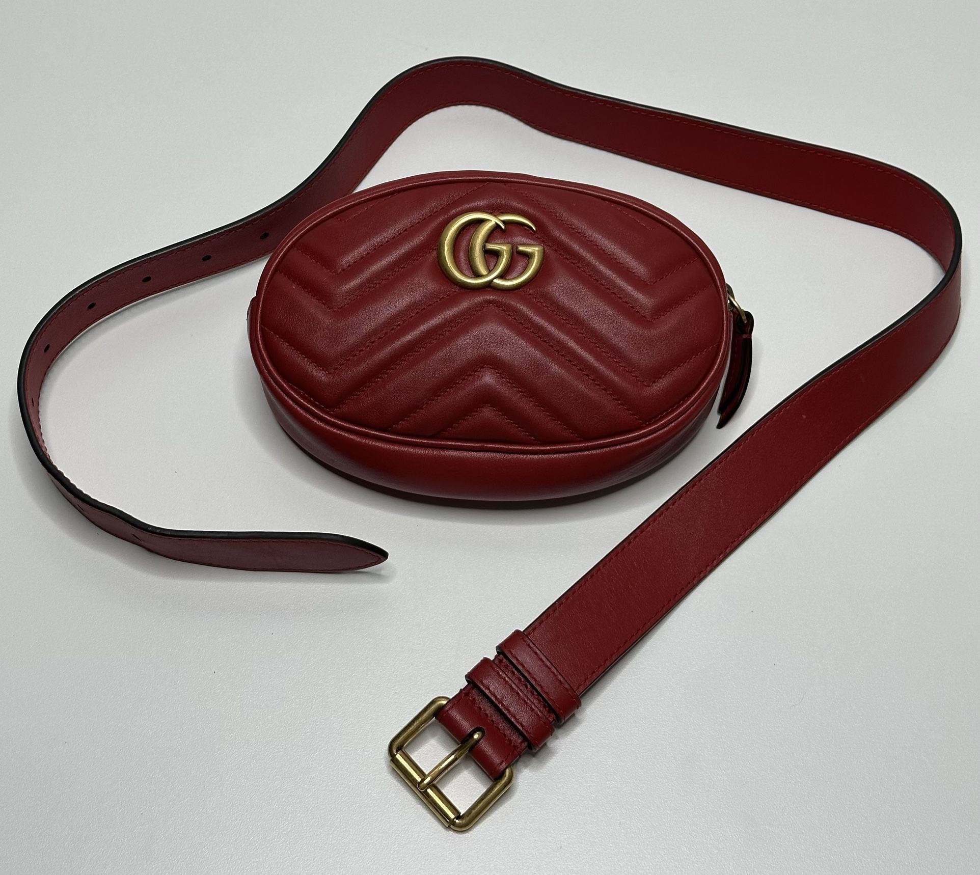 Gucci GG Marmont Red Matelassé Quilted Leather Belt Bag w/ Box & Dust Bag
