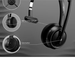 Wireless Headset with Microphone, Bluetooth Headset with Noise Canceling Mic & Mute Button, 65 Hrs Wireless Headset for Work with Charging Base, Suita