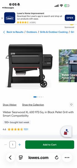 Weber Searwood XL 600 972-Sq. in Black Pellet Grill with Smart Compatibility