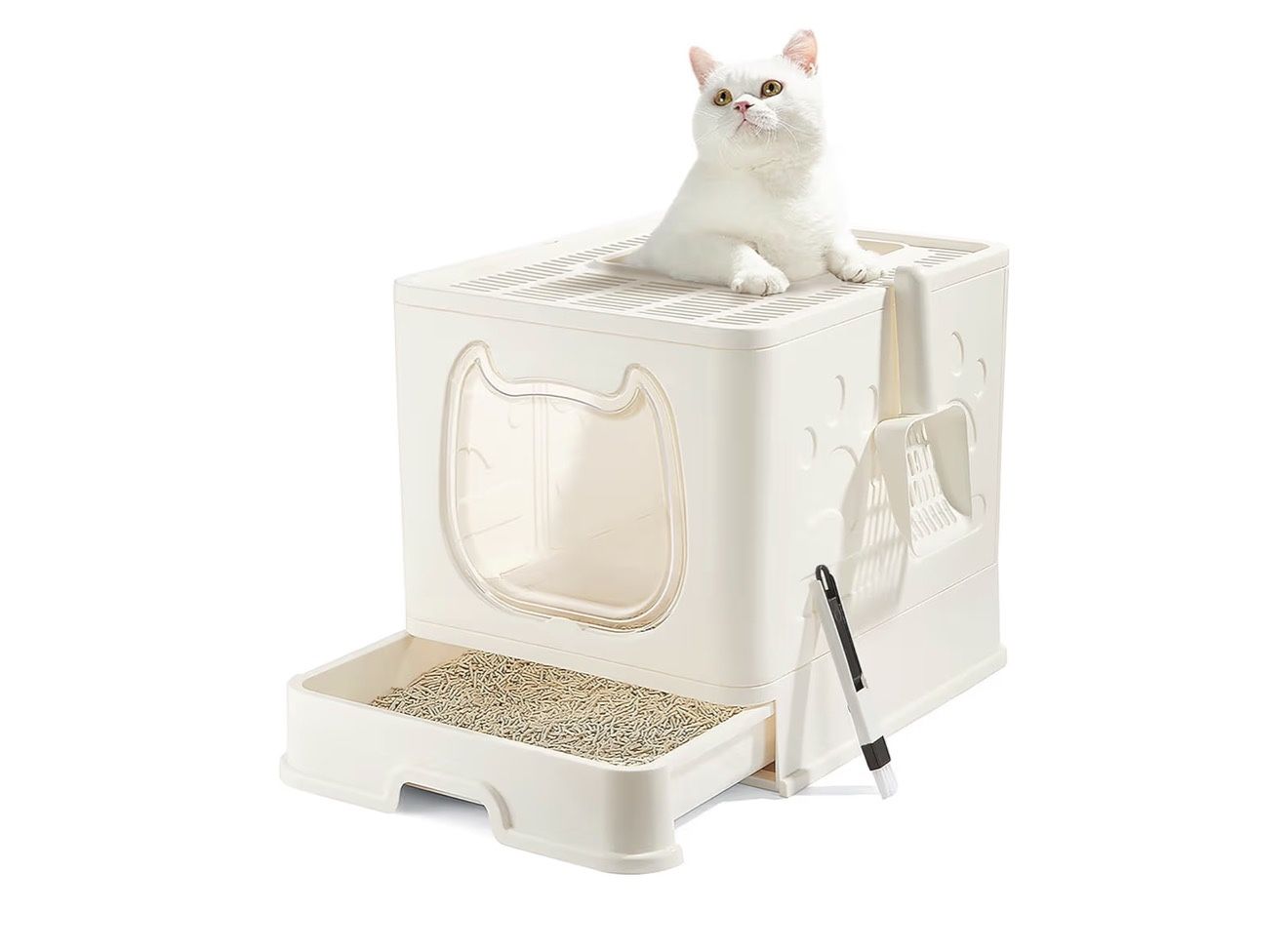 Cat Litter Box with Lid, Covered Top Entry Kitten Litter Pan for Small and Medium Cats, Anti-Splashing Kitty Potty with Slide-Out Litter Tray