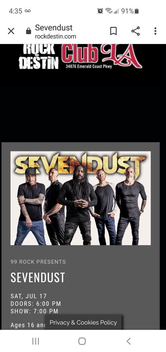 Sevendust Tickets Destin FL 7/17/21