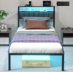 Twin Bed Frames with Charging Station and LED Lights, Twin Size Platform Bed