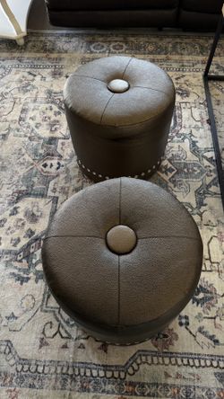 Set of 2 Stylish Bronze Faux Leather Button-Tufted Ottomans
