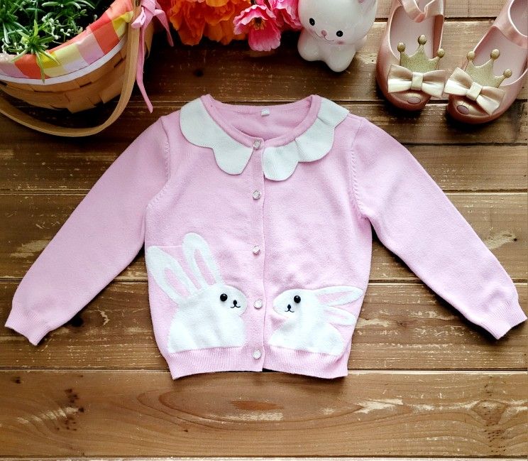 2T-3T PINK BUNNY SCALLOPED COLLAR CARDIGAN SWEATER
