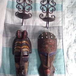 2 African Mask 2 Candle Holders Bundle 