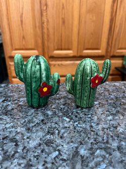 Vintage Ceramic Cactus Pair of Salt & Pepper Shakers. Size approximately 3 inches tall. Preowned the bottoms are worn due to standing in the cabinet