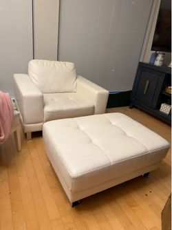 Modern White Leather Accent Chair with Matching Ottoman