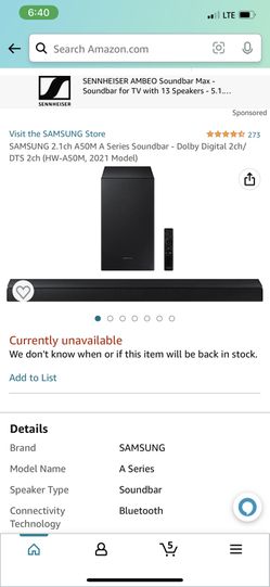 SAMSUNG 2.1ch A50M A Series Soundbar - Dolby Digital 2ch/ DTS 2ch (HW-A50M, 2021 Model)