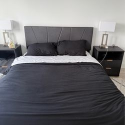 Queen size mattress and bed frame.
