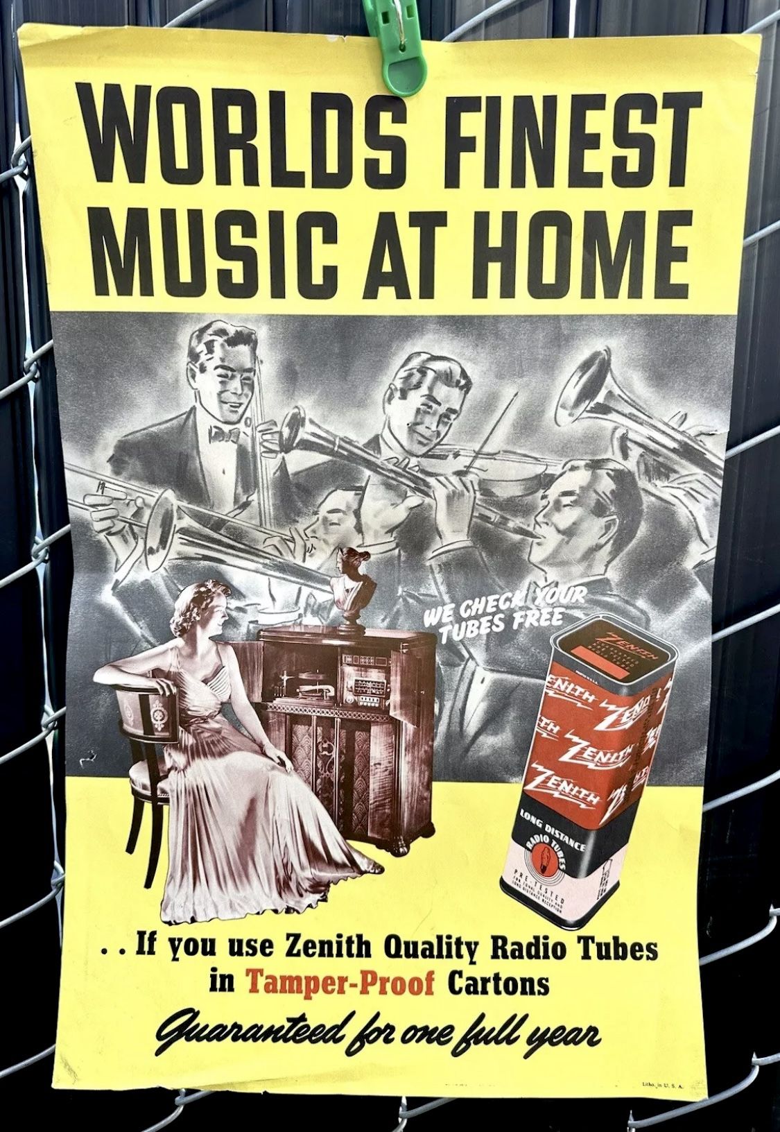VINTAGE POSTER ZENITH WORLDS FINEST MUSIC AT HOME RADIO TUBES 22x14 INCHES