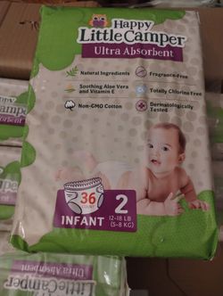 New 36 Pack Of Happy Little Camper Size 2 Baby Diapers 12-18lbs 