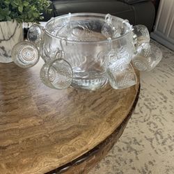 Vintage Jeanette Pressed Glass Embossed Fruit Motif Punch Bowl 8 Cups & 8 Hooks