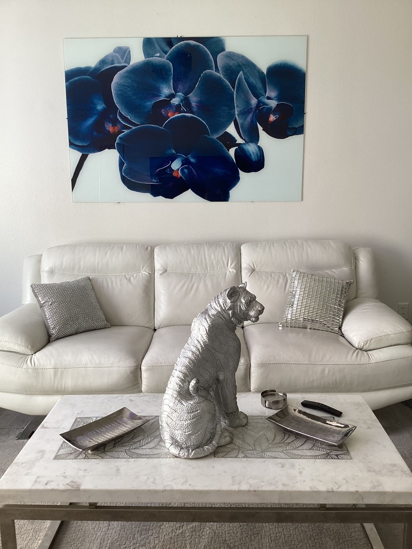 White Leather Couch, Frame, Coffee Table