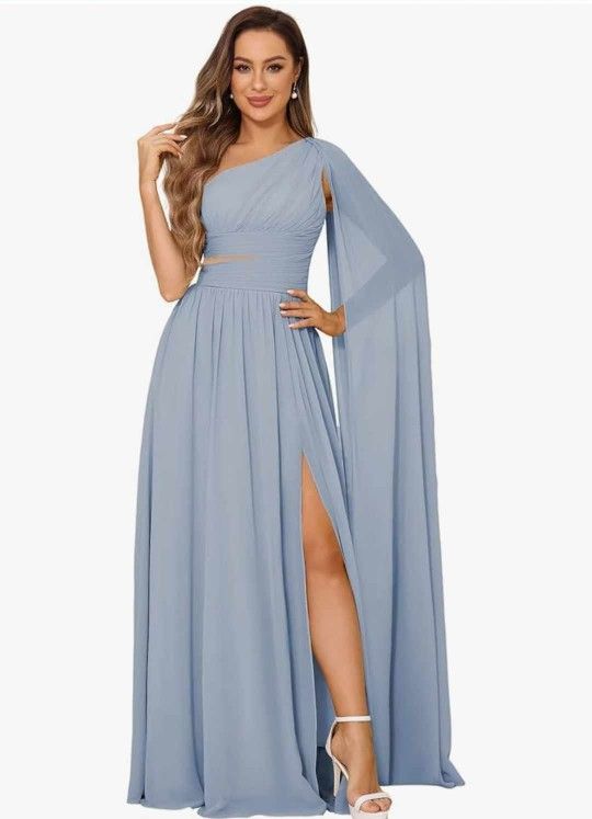 One Shoulder Bridesmaid Dresses with Slit Pleated Formal Evening Gowns with Detachable Flaps