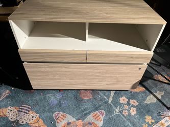 Light Wood Dresser with Open Shelves and Drawers