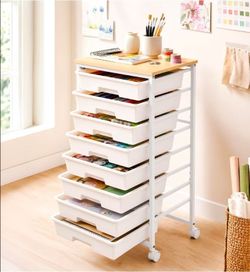 LEHOM Rolling Storage Cart with 8 Drawers, Utility Cart on Lockable Wheels
Metal Frame and Wooden Tabletop for Living Room Bedroom Dorm, Office Storag