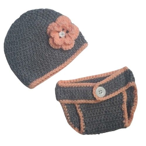 Baby Girl Flower Hat & Diaper Cover Photo Prop-Hand Crocheted Set-Newborn