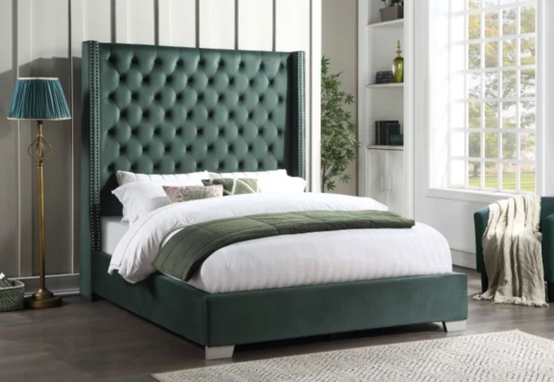 Queen size green 6 foot tall headboard bed with promotional mattress and free drop off delivery