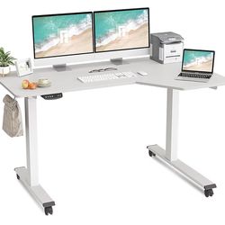 FEZIBO L-Shaped Electric Standing Desk – White Corner Gaming/Office Desk with LED & Power