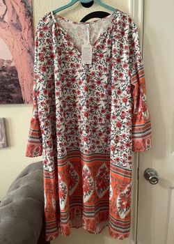 Plus Size Womens boho Floral Orange/white midi dress size XL NEW