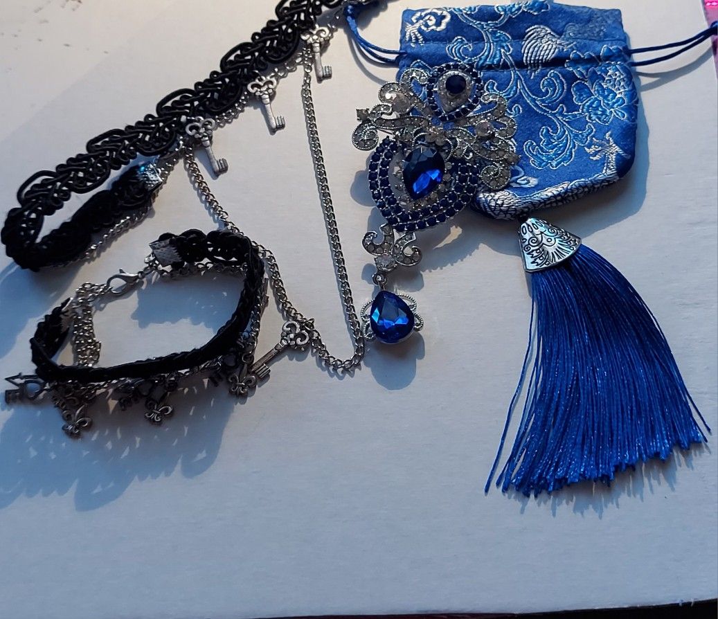 Beautiful Gift For Ladies, ( Pretty Blue Bag, Brooch, Choker And Bracelet $ 30.00