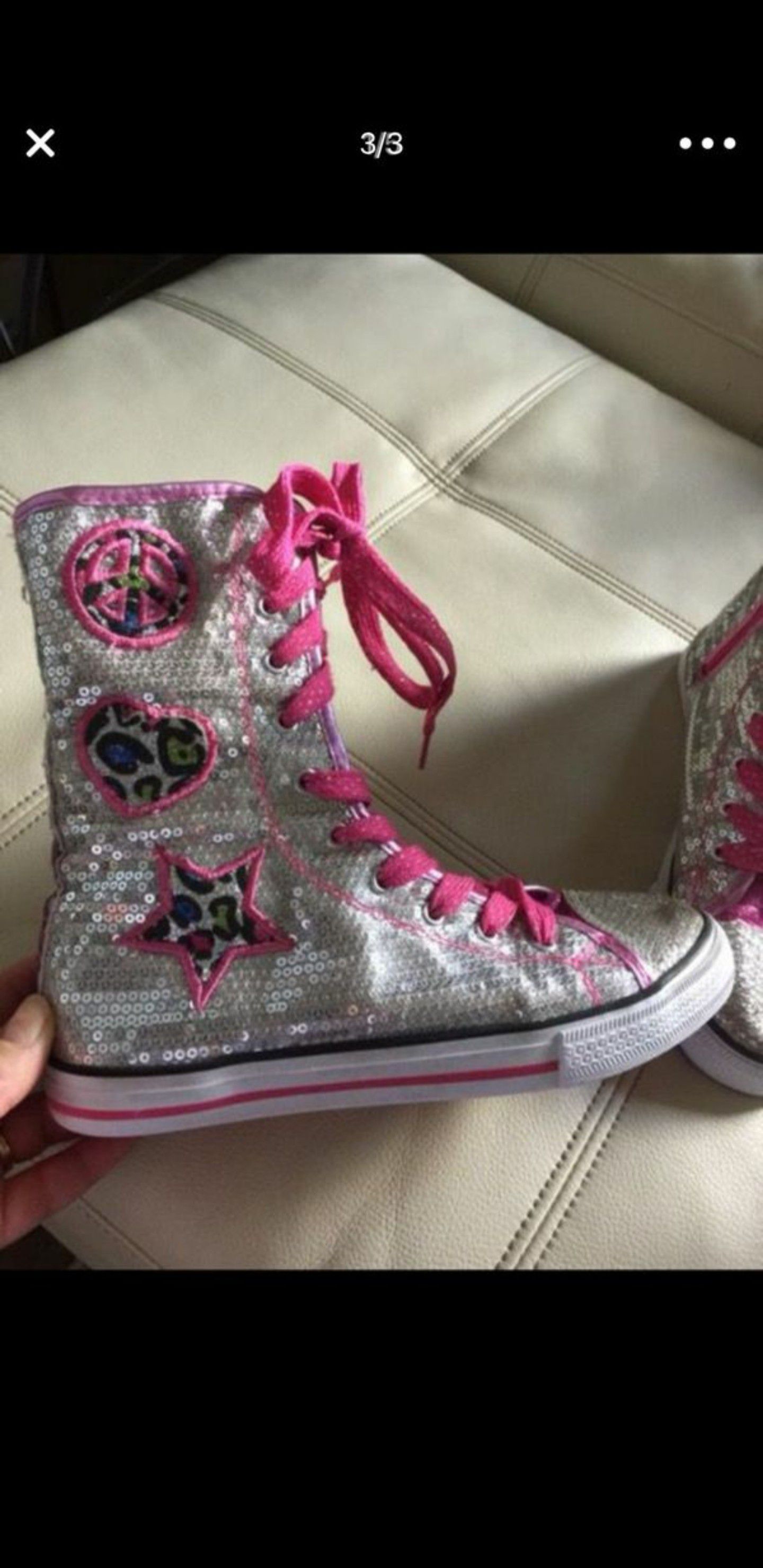 Size 4 girls shoes, high tops, fashionista, pink, leopard, sparkles...