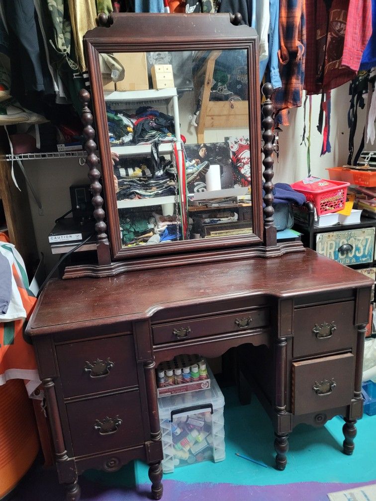 Vintage Wood Vanity. Desk With Mirror. From Early 1900's
