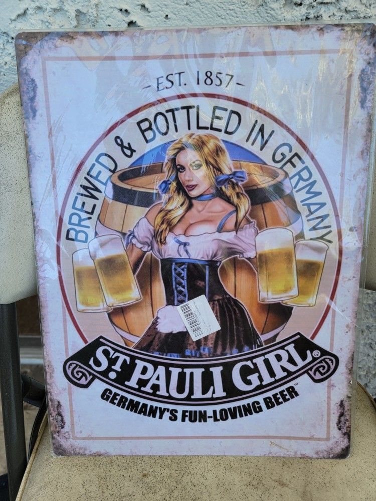 St Pauli Girl tin metal sign bar display pub beer sign 16" top to bottom 12" across new