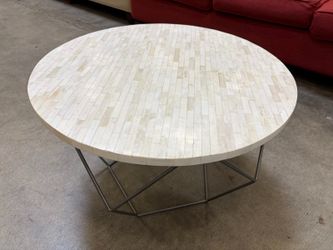 WEST ELM Modern Small Round Coffee Table with Water Buffalo Bone Tile Top and Sculptural Base