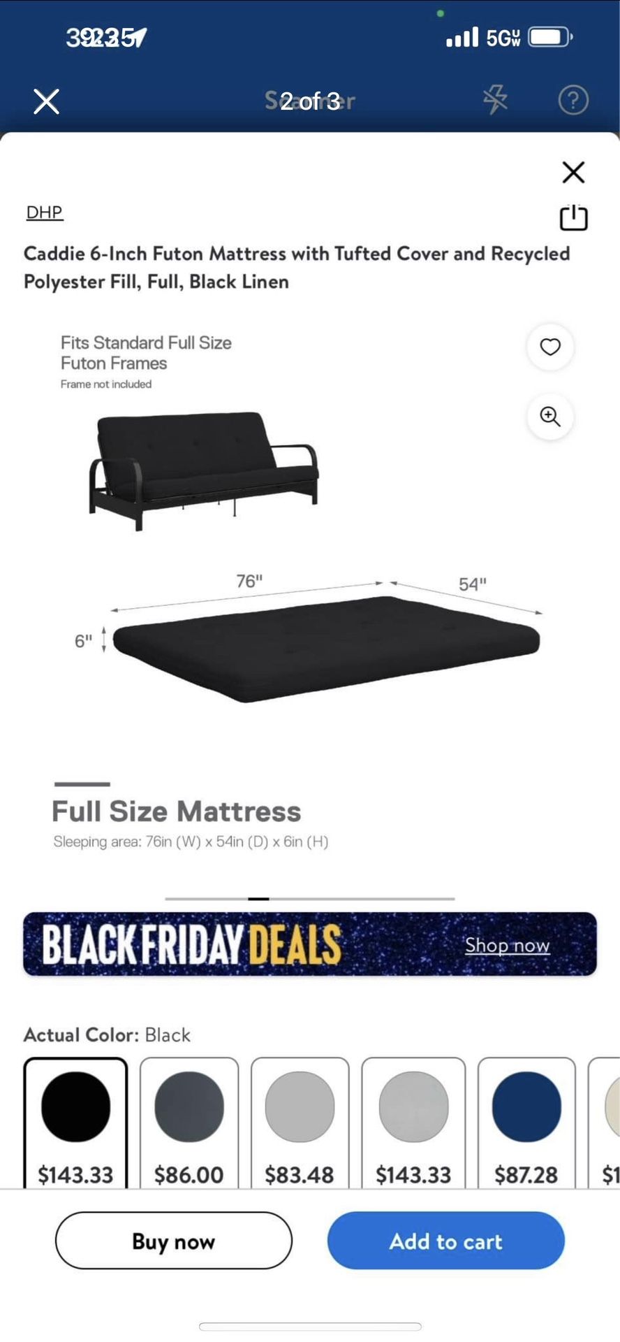 Caddie 6-Inch Futon Mattress with Tufted Cover and Recycled Polyester Fill, Full, Black Linen