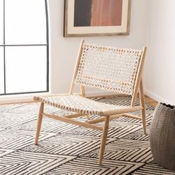 SAFAVIEH Home Collection Bandelier Light Oak Teak Wood/ White Leather Weave Accent Chair (Fully Assembled)