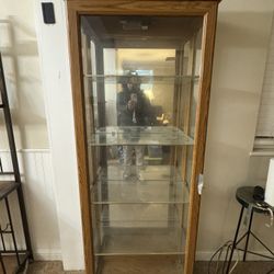Tall Oak Curio Cabinet - Glass Shelves - Adjustable