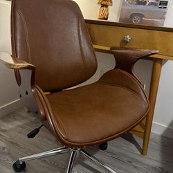 Mid Century Modern Brown Leather Office Chair Rolling Desk Chair