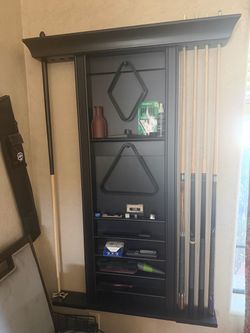Pool table,shelf for pool sticks and bar - pool table and 2 chairs