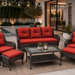 Arcline 6-Piece Coffee & Orange Wicker Patio Conversation Set with Swivel Glider Chairs, 3-Seat Sofa & Ottomans (CV1-BRGY)