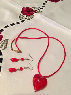 Lampwork heart necklace and earrings, Valentine jewelry