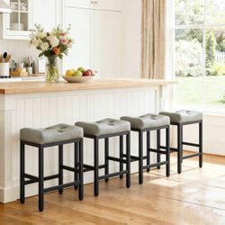 Set of 4 Counter Height Bar Stools, 24 Inch Saddle Backless Barstools for Kitchen Counter, Faux Lea