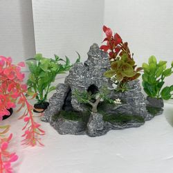 Aquarium Rock Cave Decoration with Assorted Plastic Plants