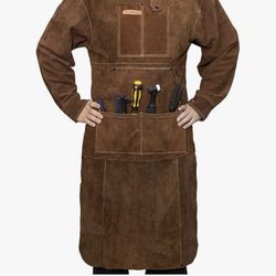 YESWELDER Leather Welding Apron with Sleeve and 6 Pockets, Heat Flame Resistant Cowhide Welder Apron, Brown