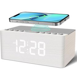 Wooden Sound Machine Alarm Clock for Bedroom, Bluetooth Speaker, Wireless Charging Station for iPhone/Samsung, Sleep Timer, 0-100% Dimmer, White Noise