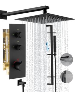 Brand New In The Box- QISHENG Black Thermostatic Shower System Slide Bar Thermostatic Shower Faucet Set Square Rain Shower Head With Adjustable Slide
