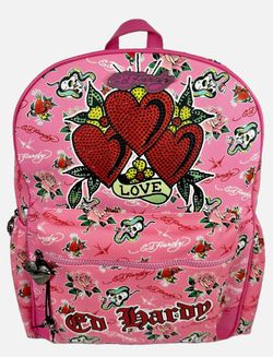 Ed Hardy Pink Multi Backpack NWT Rhinestone Hearts Skull Rose Tattoo Print Bag $49.99