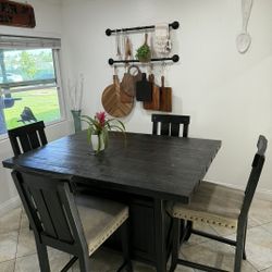 Counter Height Dining Table Set w/ Storage & Wine Rack – 4 Chairs – Solid Wood