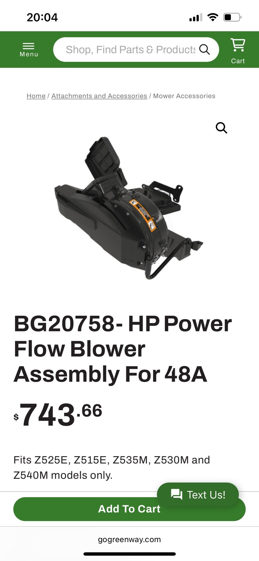 John Deere HP power flow blower assembly