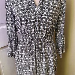 Ann Taylor Loft Dress Womens Petite 8 Black & White Geometric 3/4 Sleeve V Neck  