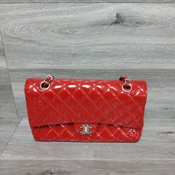 Chanel Red Quilted Patent Leather Classic Medium double Flap bag